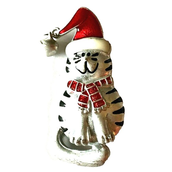 Vtg Santa Christmas Kitty Cat Brooch Pin Red Hat Scarf Bell Silver Plated Enamel - Picture 1 of 9